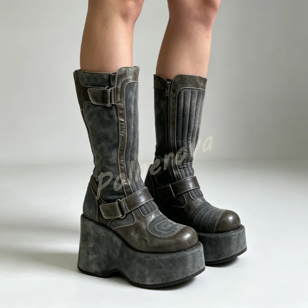 Distressed Washed Leather Boots Vintage Y2K Women Platform Mid Calf Boots Buckle Strap Side Zipper Gothic Wedge Punk Boots