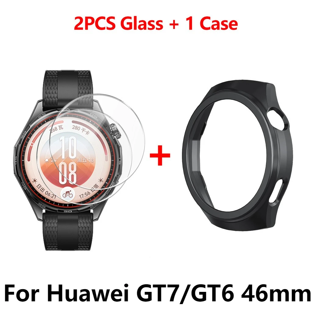 Hard PC Bumper Case + 2Pcs Clear Tempered Glass For Huawei GT 7 GT6 GT 7 46mm Screen Protector Film Cover Set Shell Accessories