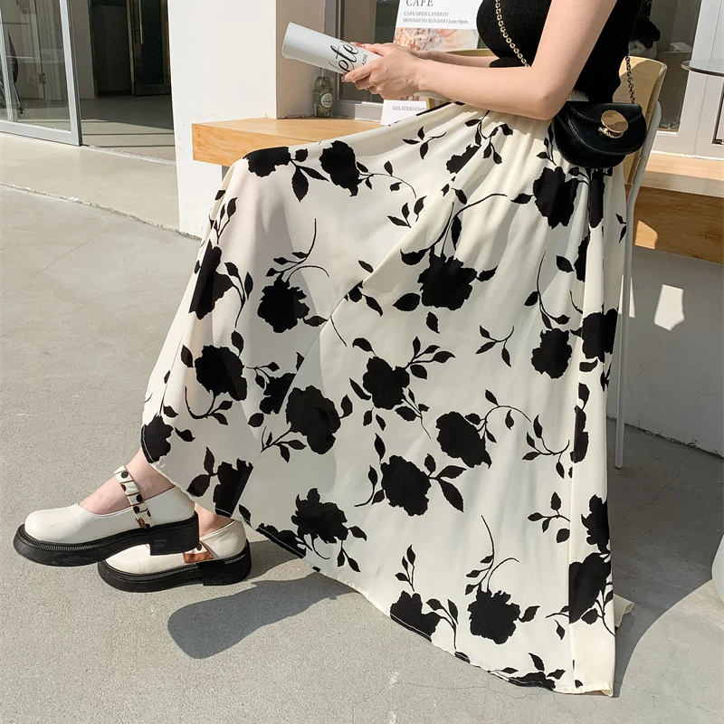 

Fashion Floral Print Long Skirt Female Vintage Black Pleated Faldas 2023 Women Summer Elegant Elastic High-waisted A-line Skirts