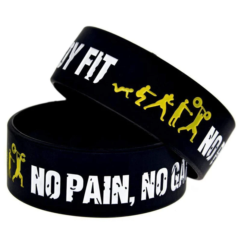 1PC Everybody Fit No Pain No Gain Silicone Wristband Wide Band Motto Rubber Bracelets & Bangles Armband Gift