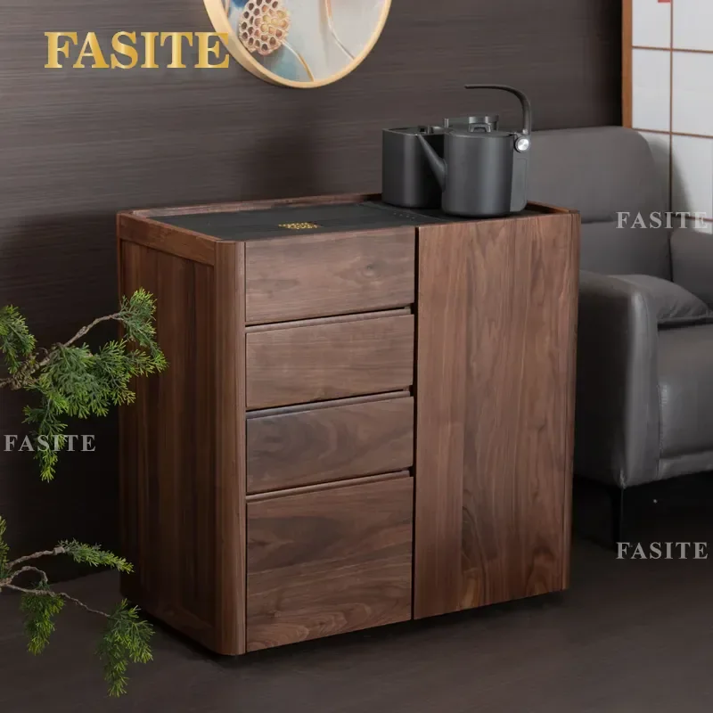 For North American Black Walnut Mobile Tea Cabinet Solid Wood Side Table with Bakelite Tray Boiling Water Station for Living