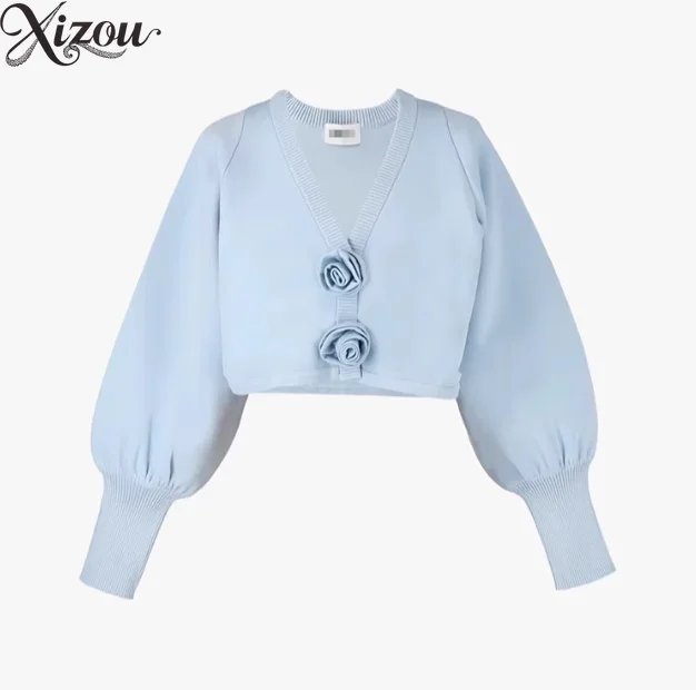 

2025 Japanese Women Knitted Cardigan V-Neck Long Sleeve Knit Shirt Short 3D Rose Button Autumn Winter Elegant Sweaters Top