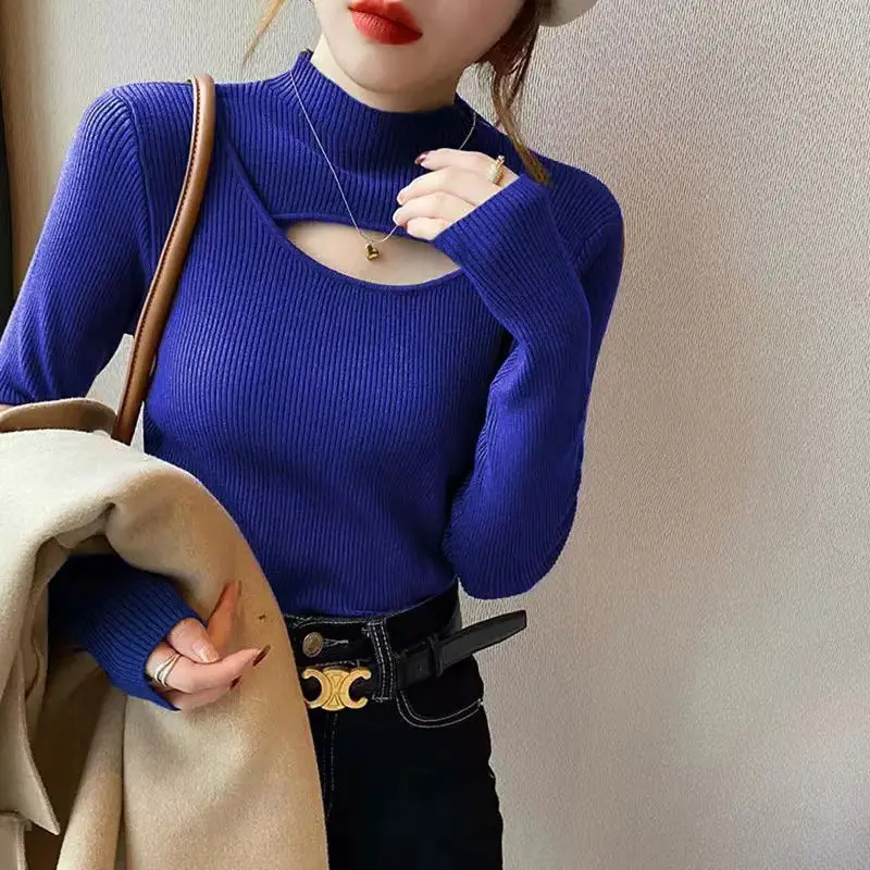 Sexy Hollow Out Knitting Pullovers Top Autumn Winter New Long Sleeve Solid Slim Elegant Sweaters Fashion Casual Women Clothing