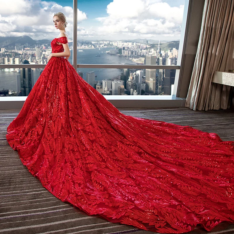 Lace Wedding Dress 2024 Luxurious  Bridal Dresses  Floor Length Off Shoulder Red Bridal Ball Gown Long Tail customized