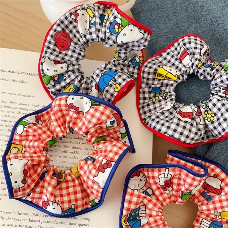 Hello Kitty Faixa de cabelo feminina xadrez estilo coreano doce e elegante acessório de cabelo de coque