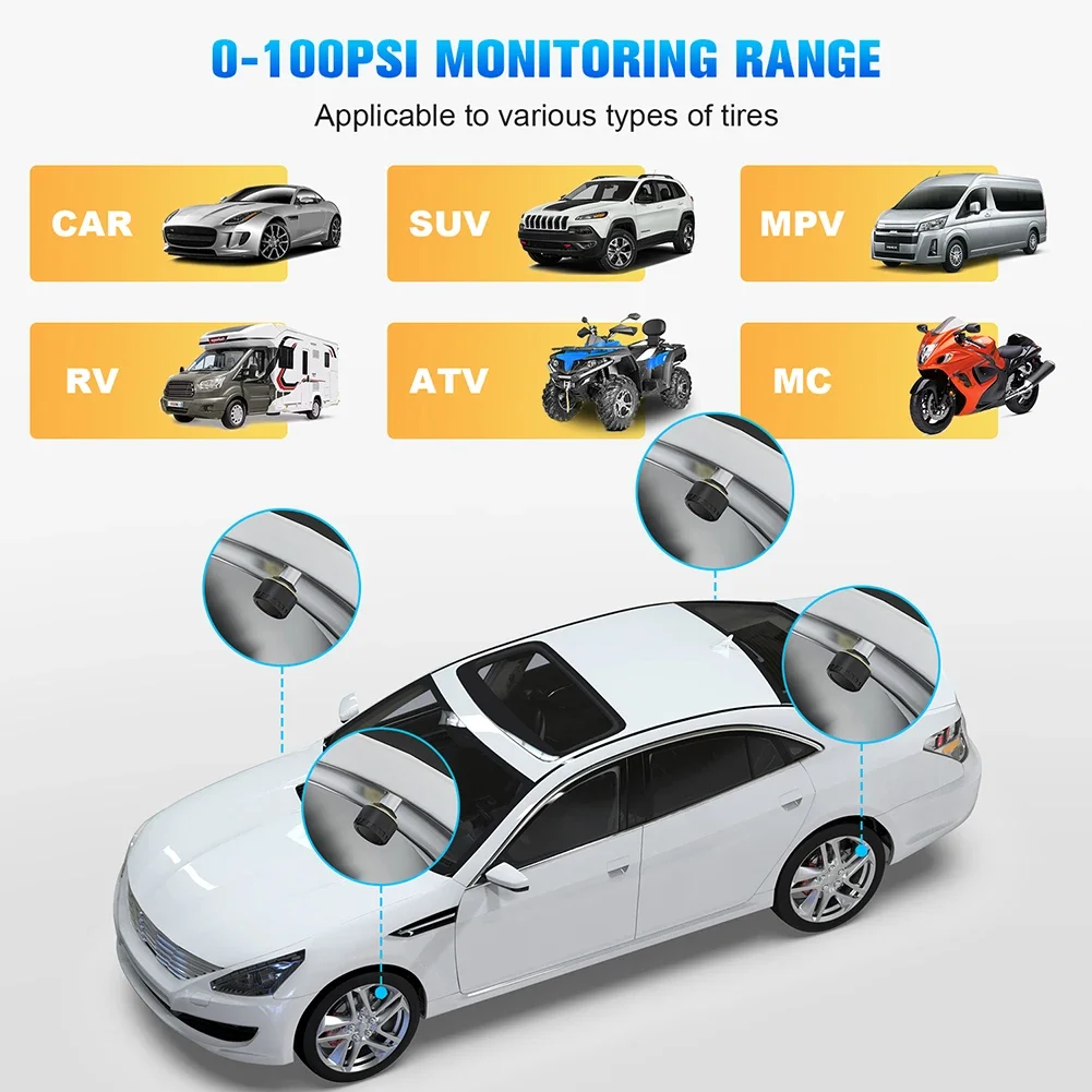 Sistema di monitoraggio della pressione dei pneumatici TPMS per auto Bluetooth 5.0 Display del telefono cellulare sensore di pressione dei pneumatici per auto per moto per lOS Android