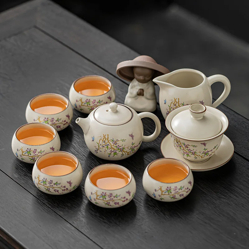 

Бежевый чайный сервиз Ru Kiln Kung Fu для домашнего использования, высококачественный керамический чайник, гавайские чашки, китайский чайный поднос, полный чайный сервиз