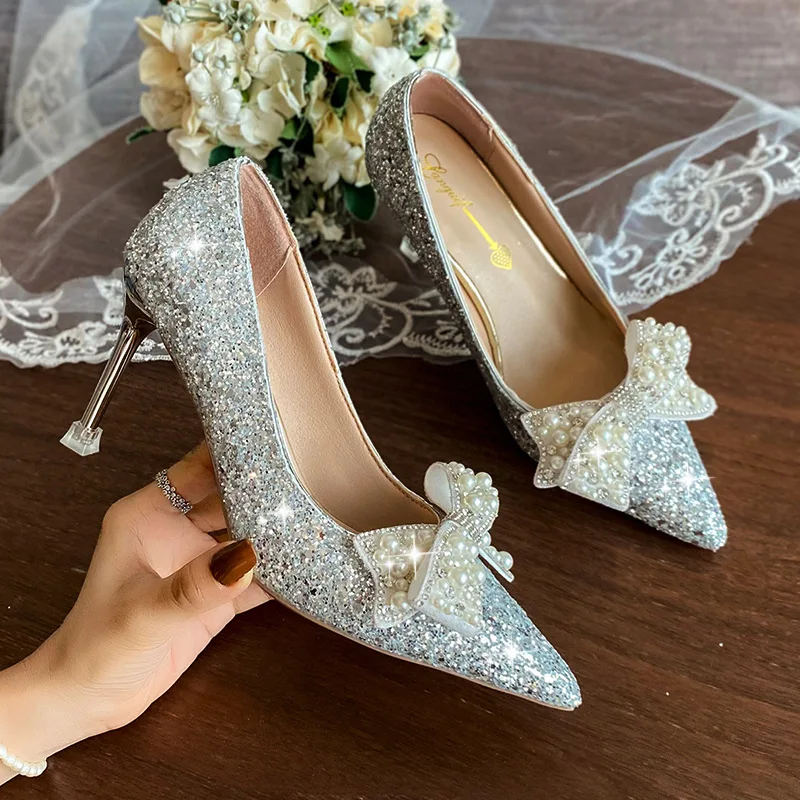 Syflyno Bling Shiny Glitter Pumps Women Slip-On Sweet Bowknot High Heels Shoes Woman Shining Thin Heels Wedding Party Shoes