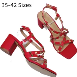 Lady Fashionable Modern Sandals Square Toe Open Tip 6cm Med Heeled Pumps Lock Studs Red White Shoes 42 5 23cm Cross Strap Buckle