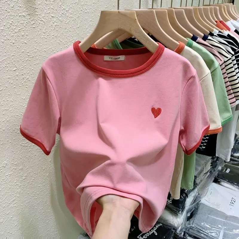 

Розовая футболка из чистого хлопка с короткими рукавами для женщин летом, новый тонкий короткий топ с вышивкой Love Design