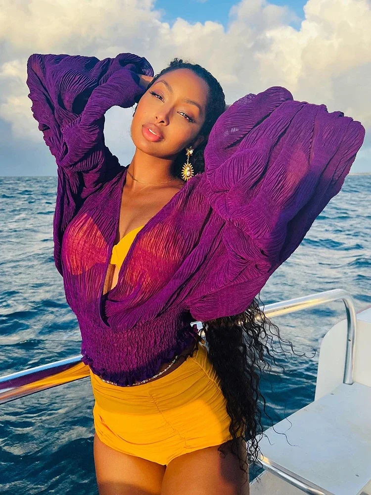 

Летние блузки, рубашки, женские тонкие блузки с v-образным вырезом и пышными рукавами, прозрачная сексуальная пляжная одежда, топы, блузка, белая элегантная