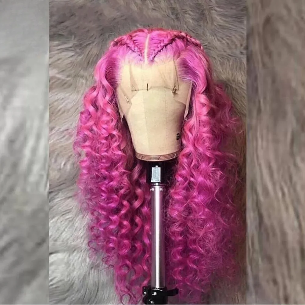 Rose Pink Small Curls Lace Front Wig 13x4 HD Deep Wave Frontal Wig for Women Synthetic Lace Frontal Wig Pre Plucked Daily