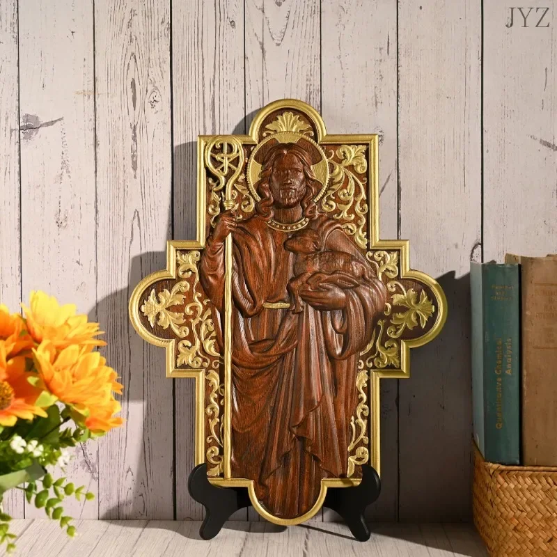 Wood Faith Carving Jesus Shepherd Icon Sculpture Plaque, Catholic Saints Image Home Wall Decor