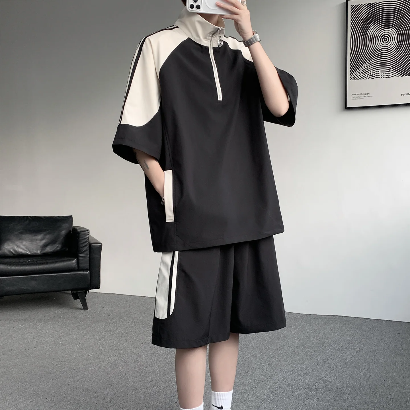 

Summer Two Piece Set Tracksuits Korean High Street Fashion T-shirt Shorts Short Sleeve Shorts Sports Suit zip-up Lapel Shorts