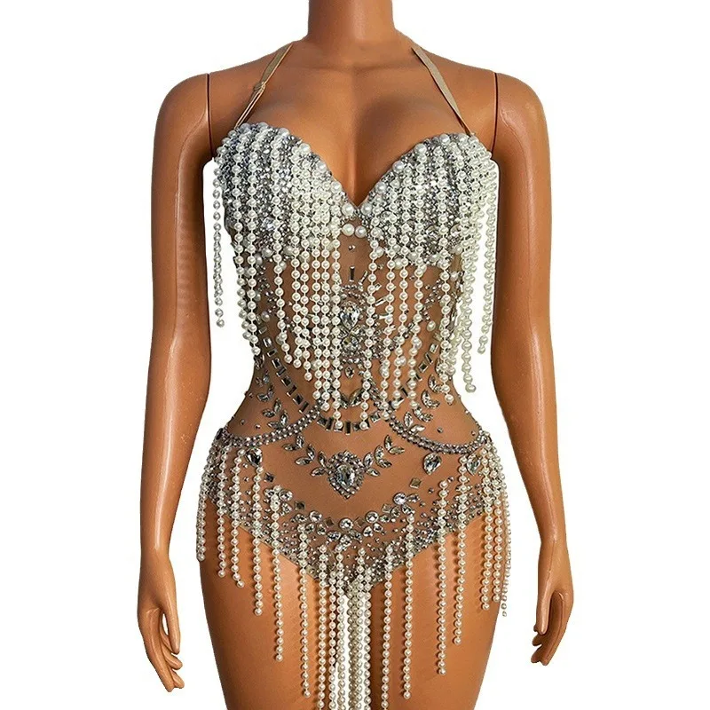 Pérola borla diamante desempenho terno maiô de luxo sexy malha elástica sem mangas sexy vestidos de cor sólida para mulher 2025 rsi