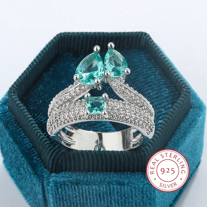 Exquisite Paraiba Zircon Ring for Women High Quality Double Layer 925 Silver Wedding Ring Bridal Jewelry Party Engagement Ring