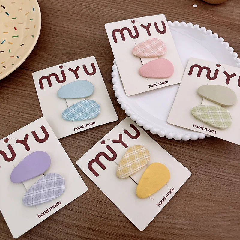 韓国風生地水滴型子供用チェック柄前髪ヘアクリップ女の子用多用途スイートBBクリップキャンディーカラーベビー前髪ヘアピン