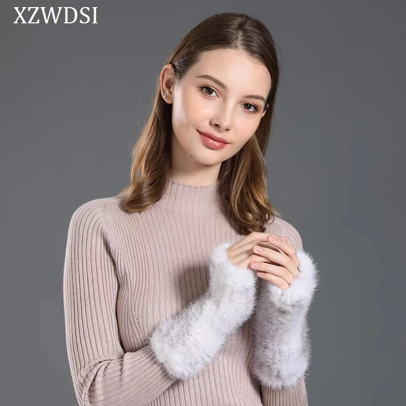 Mesh Weave Plush Winter Fur Wrist Gloves Decorative Genuine Mink Fur Elastic Mittens for Women