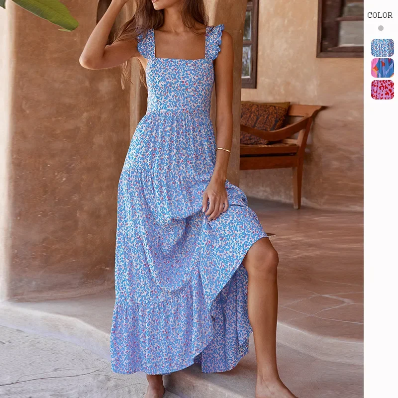 

GZHMR2024 Bohemian Dress Hanging Strap Flowing Long Printed Dress for Women dresses maxi dresses for women dress for women