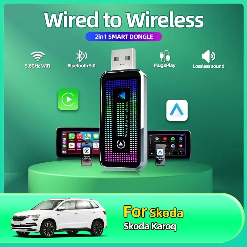 

2025 New Portable Mini Wireless Carplay Converter Wired Carplay to Wireless Carplay Android Auto 2-in-1 Adapter For Skoda Karoq