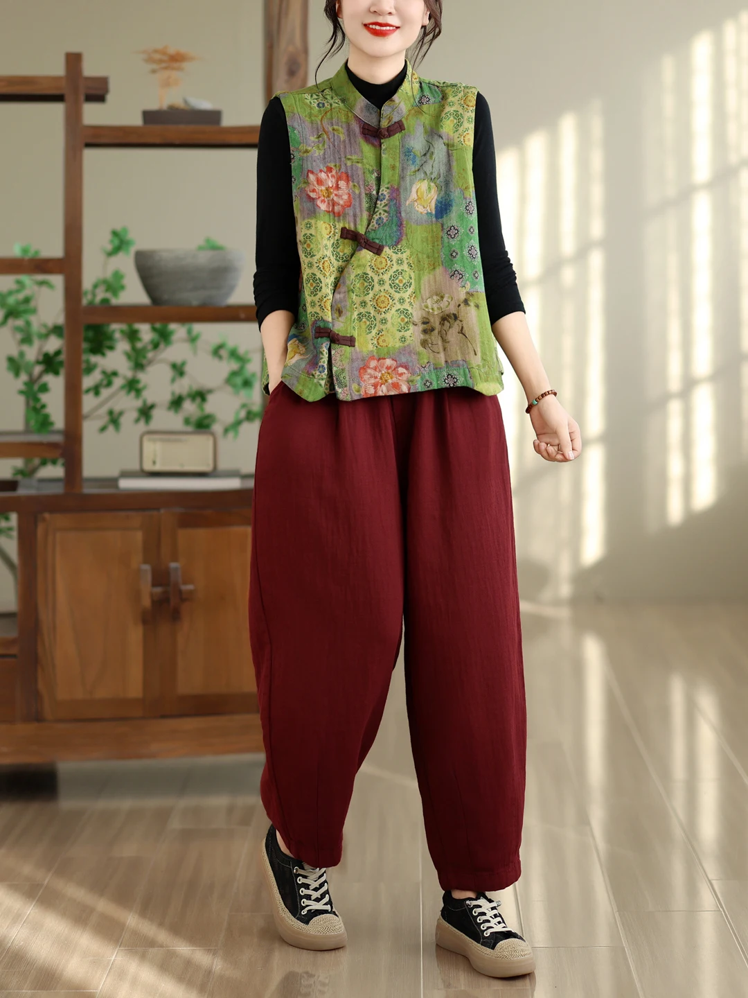 New Chinese Style Printed National Trend Buttonless Sleeveless Vest Women's Artistic Retro Fashionable All-Match Casual Pants