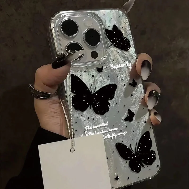 

Black Butterfly Phone Case For iPhone 15 14 13 11 12 16 Pro Max Funda iPhone 13 16 Plus Laser Feather Texture Shockproof Cover