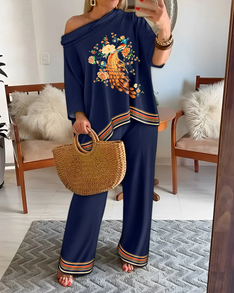 

2-piece animal print cold shoulder bat sleeve top and casual wide leg pants set for summer 2025 new women's clothing
