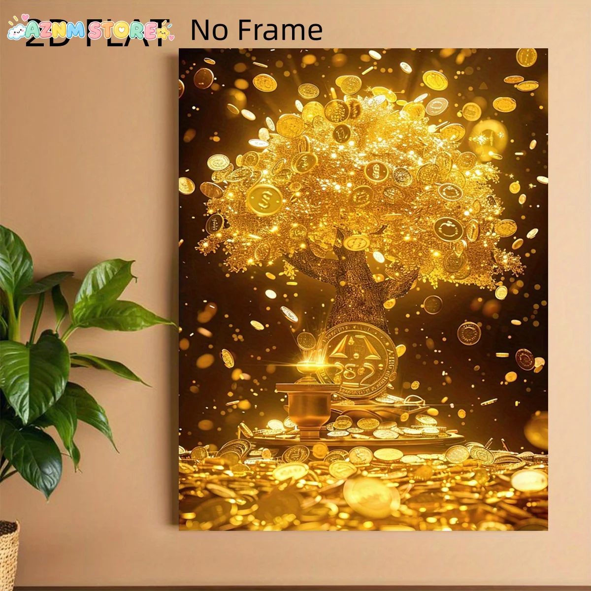 2027,   No Fram Canvas Painting Gentle Deer Money Tree And Money Rain Poster - Wall Art with Growing Money Tree And Dollar Ra
