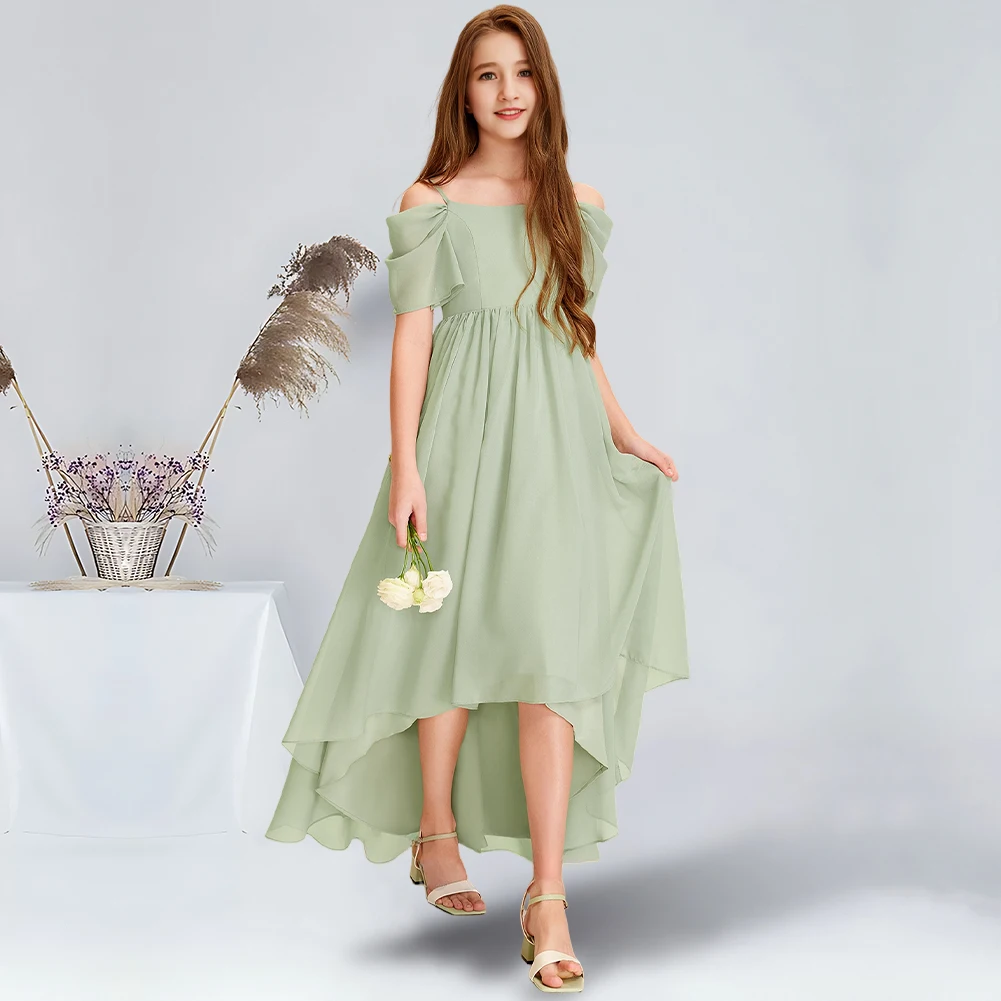 A-line Cold Shoulder Asymmetrical Chiffon Junior Bridesmaid Dress Celadon Flower Girl Dress for Wedding Party Dresses For Teens