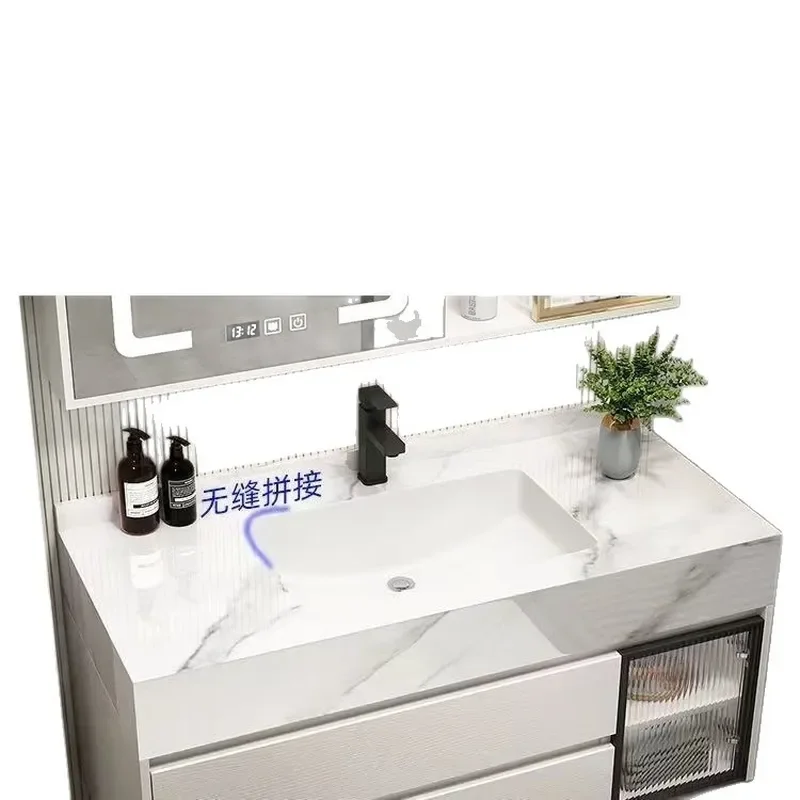 Modern Solid Wood Bathroom Vanity with Sintered Stone Top Integrated Ceramic Basin Smart Washstand Combo