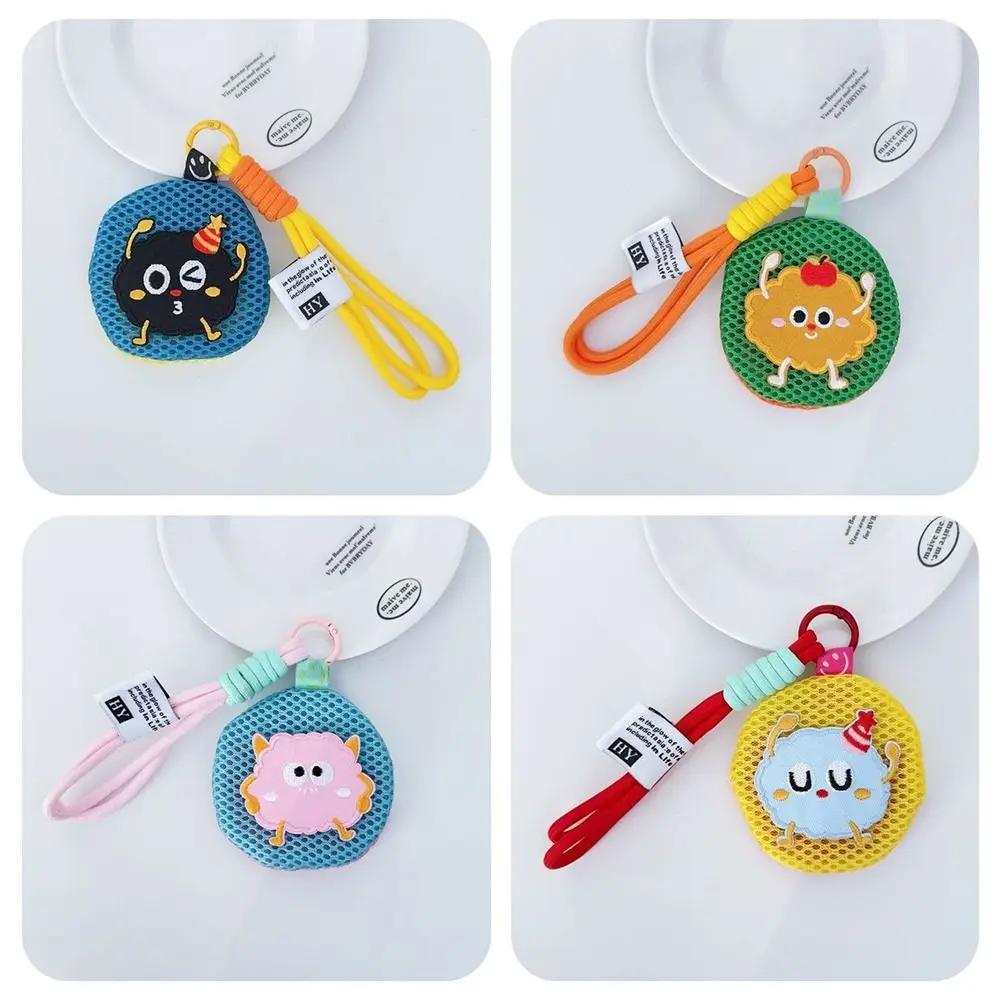 

Portable Mini Mesh Pouch Keychain Breathable Round Cartoon Coin Purse Cute with Handle Rope Headphones Organizer Kid Gift