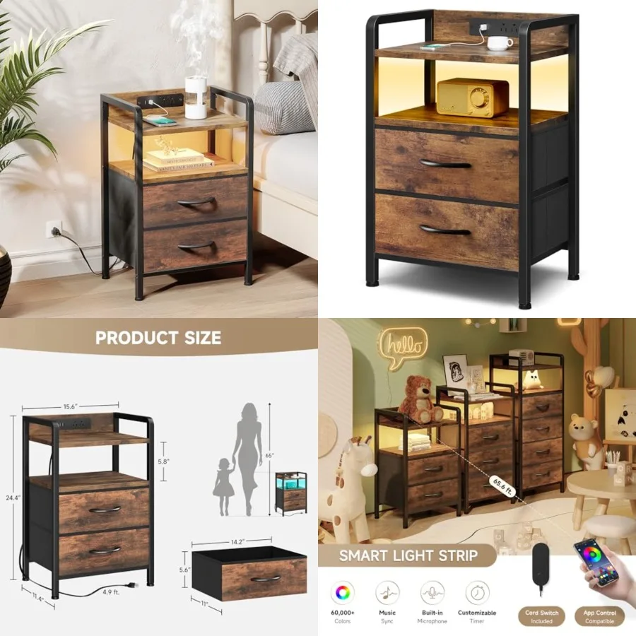 Night Stand Bedside Table Bedroom - Nightstand with Charging Station, Night Stand with LED Light Strip, End Table with U-S-B Po