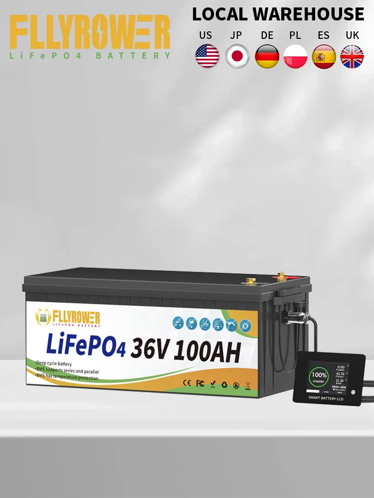 FLLYROWER 36V 100AH LiFePO4 Lithiumbatterie mit Display 200A BMS 8000+ Zyklen Lithiumbatterie für Wohnmobile, Solaren, Trolling-Motor, Marine