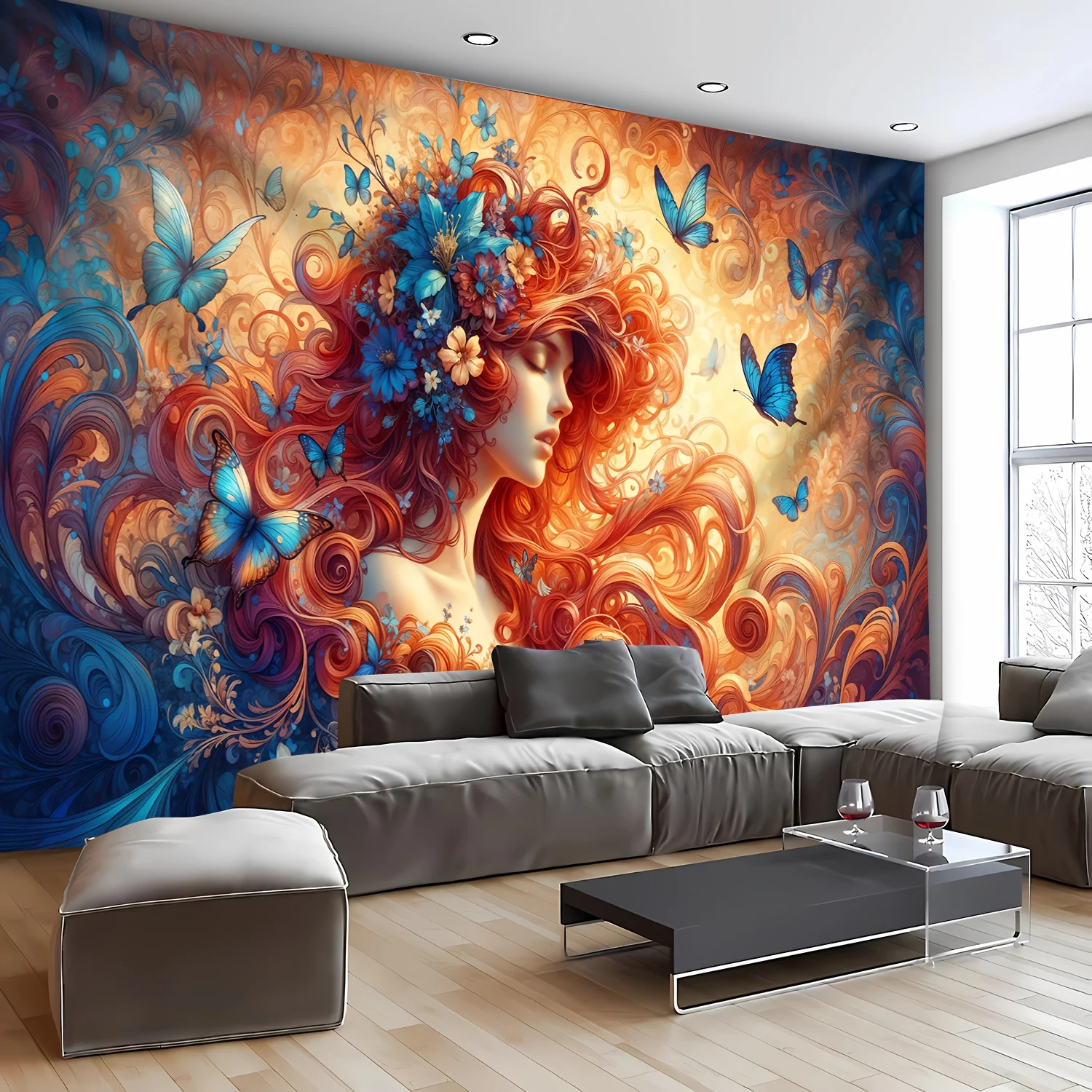 Floral Goddess Tapestry Woman Face Blue Butterflies Warm Swirl Color Art Wall Hanging, Beautiful Portrait Tapestry Dorm Home