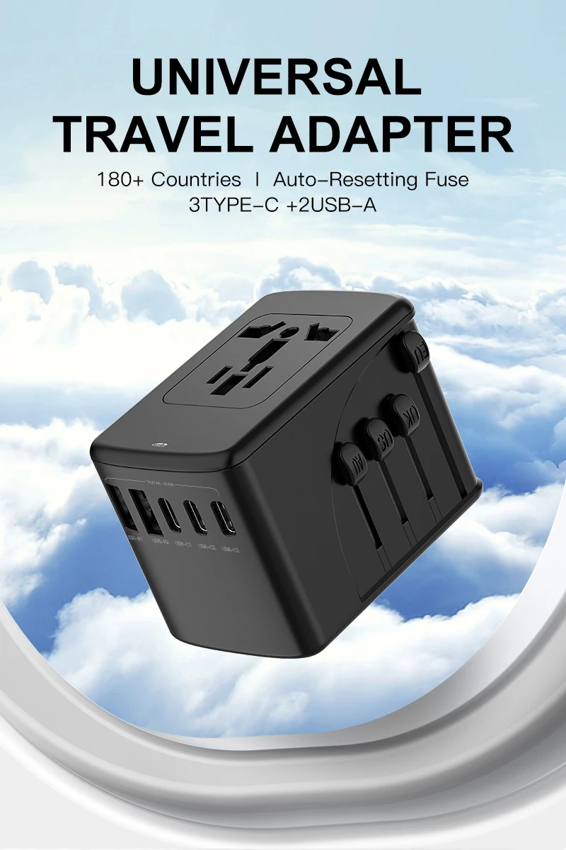 Universal Travel Adapter with 2 USB-A, 3 USB-C Ports – All-in-One International Power Charger for EU/US/UK/AU, 5.8A Total Output