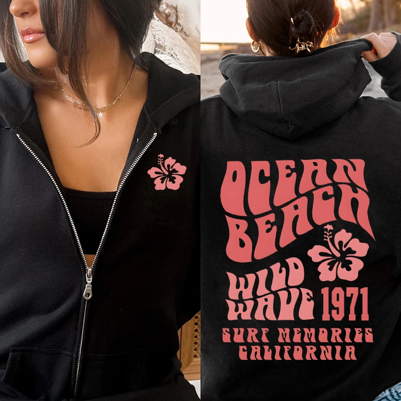 

Ocean Beach Hoodie Aesthetic Zipper Hoodie Fashion Travel Women's Sweatshirts Y2k Clothes Female Words on Back Hoody Outerwears