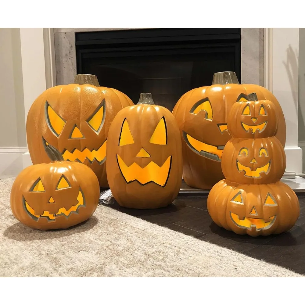 

Halloween Jack o Lanterns Light Up Pumpkin Decorations - Lighted Pumpkin Set with LED Bulbs - Indoor/Outdoor Set of 5