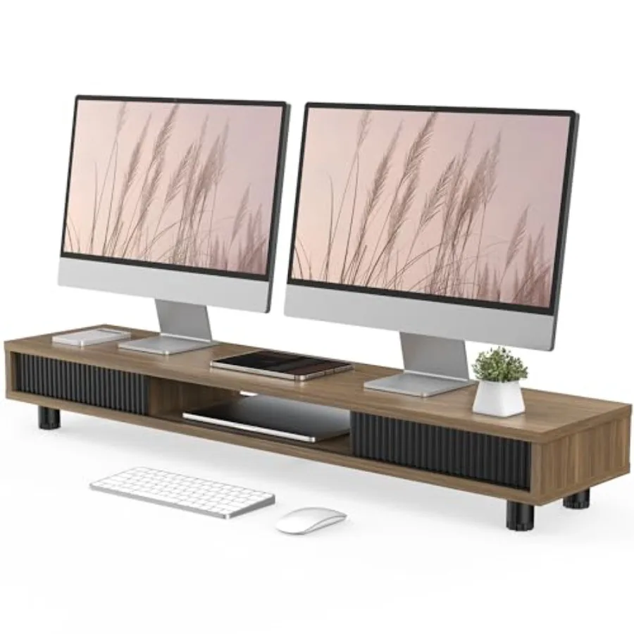 Dual Monitor Stand for Office Desk Use Aluminum Alloy Black 42.5-inch Long Sliding Door Storage Organizer with 2-Tier Shelf for