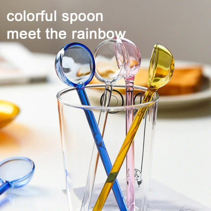 1pcs Creative Glass Milk Spoon Colored Transparent Coffee Dessert Stirring Spoon Long Handle Kitchen Tableware Stirrer Rod