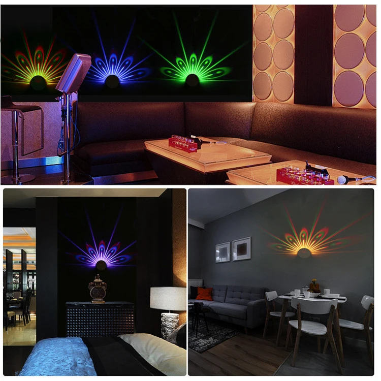 LED Wall Light Peacock Projection Lamp Home Decor Sconce Romantic Atmosphere Colorful Corridors Room Bedside Background Night 3W