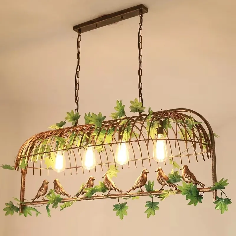 Retro Style Iron Bird Cage Green Leaf Decoration Chandelier for Restaurant Holl Bar Dining Table Garden LED Lamps Indoor Decor