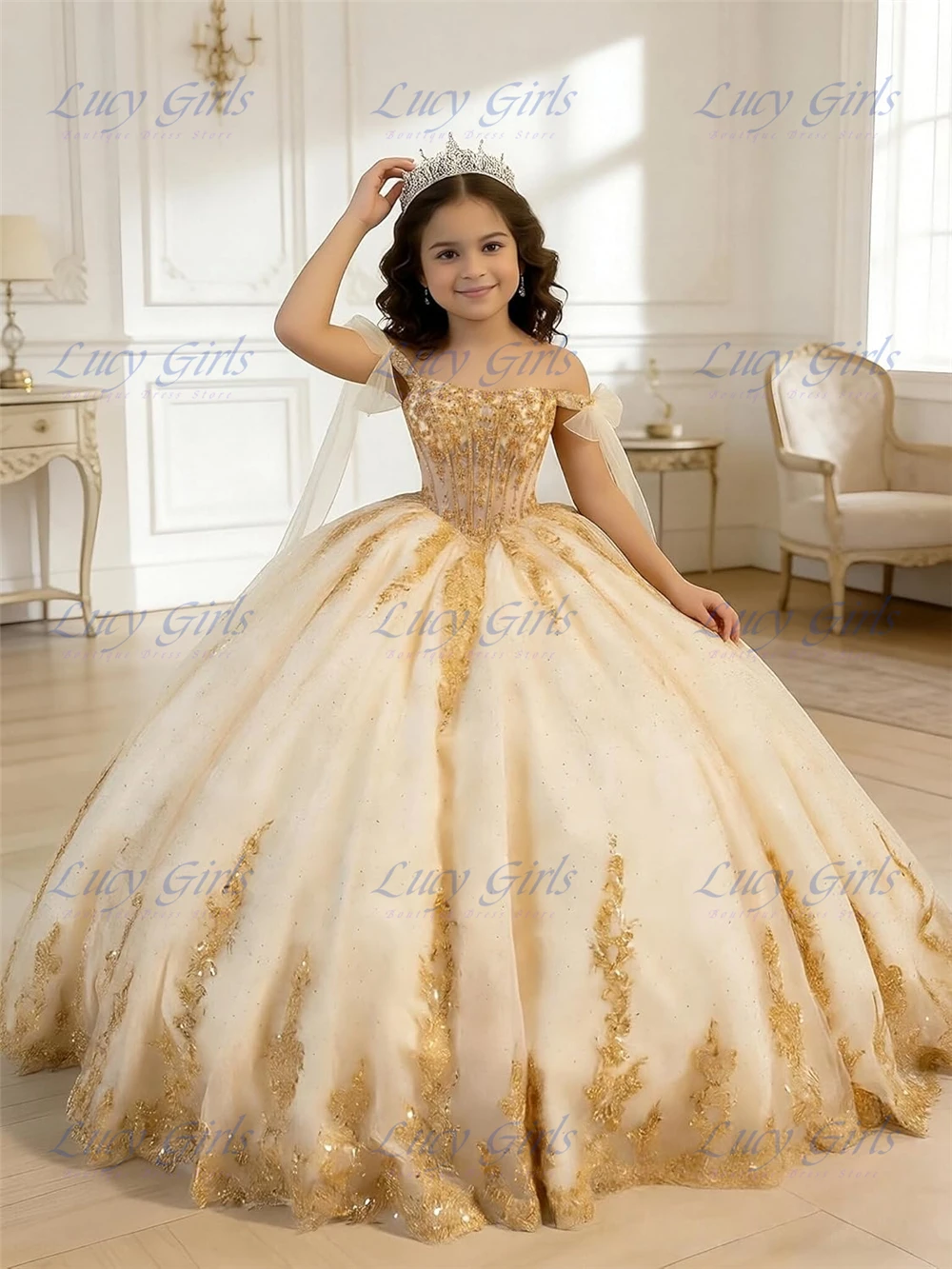

Платье для девочек с аппликацией из пайеток цвета шампань, золотое кружевное платье для конкурсов красоты с бантом, с открытыми плечами, для первого причастия