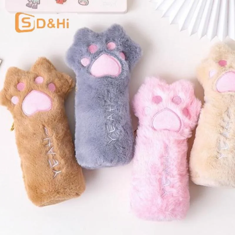 Cartoon Plush Cat Paw Pencil Case Large Capacity Storage Bag School Stationery Organizer Portable Multi Functional Pencil Pouch