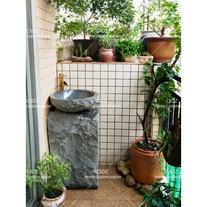 Small Balcony Washbasin Pillar Basin Integrated Outdoor Stone Sink Artistic Design Compact Freestanding Pedestal Wash Hand