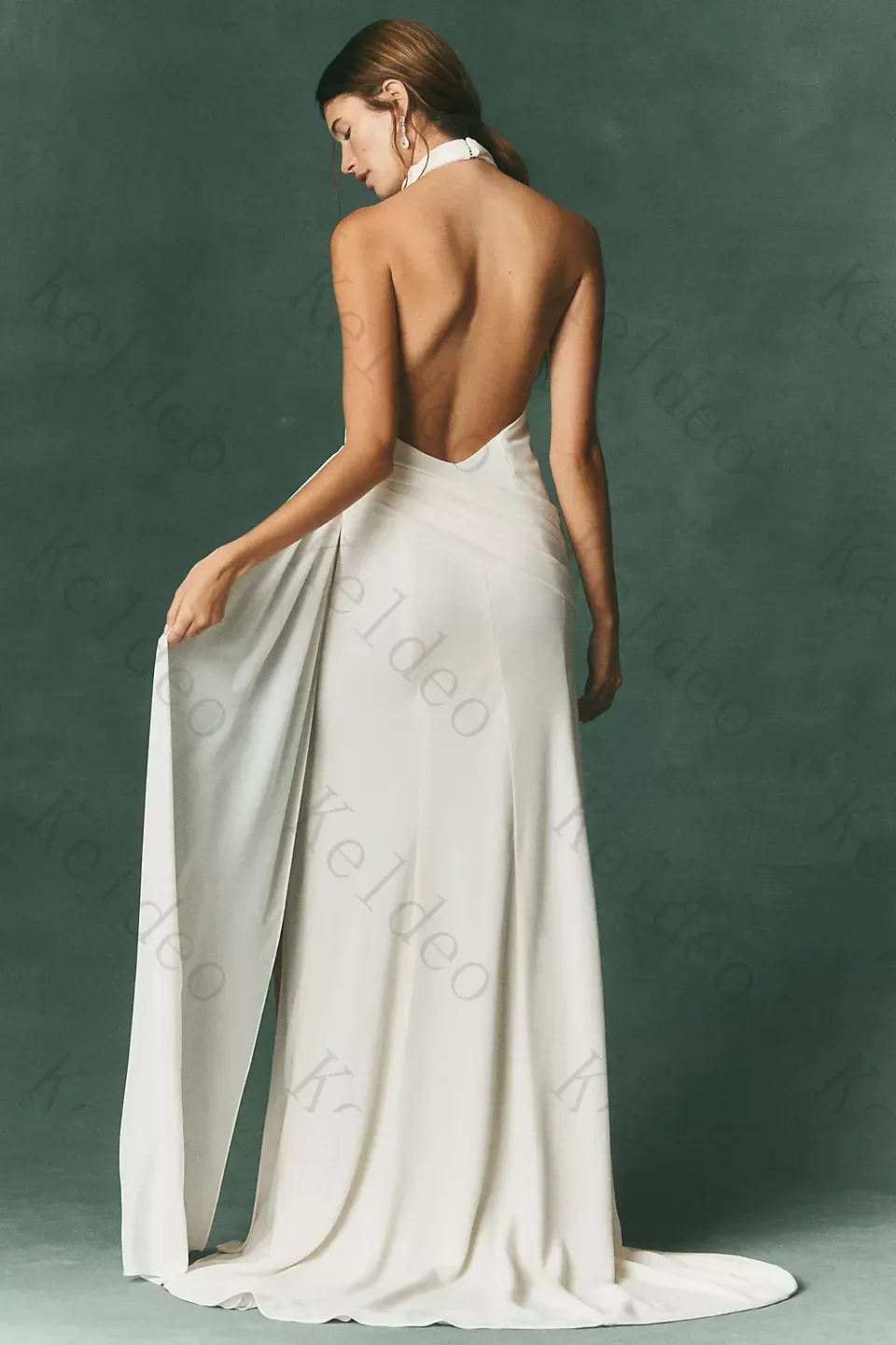Customized Elegant Halter Mermaid Wedding Dresses Draped O-Neck Waist Sash High Side Slit   Open Back Floor‑Length Bridal Gowns