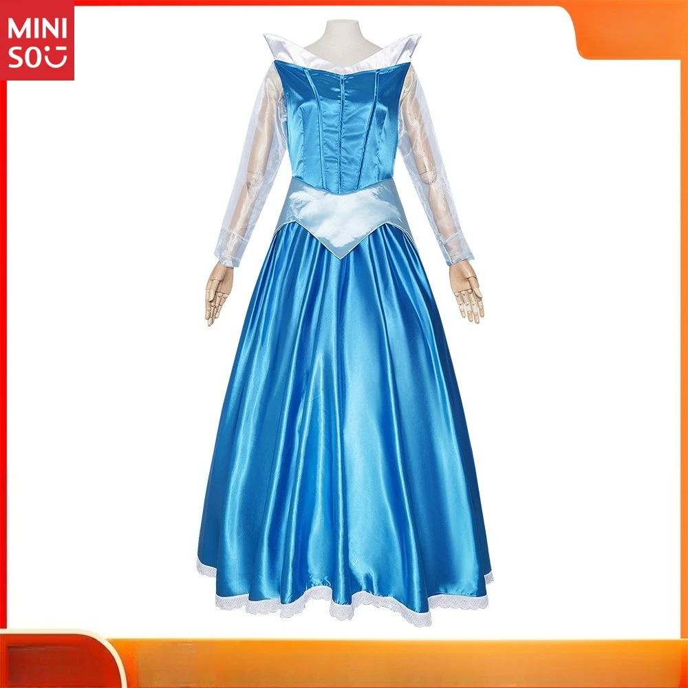 

Cosplay Gown - Shimmering Blue Satin Dress with White Collar & Sheer Sleeves, Classic Fairy Tale Attire for Costume Parties