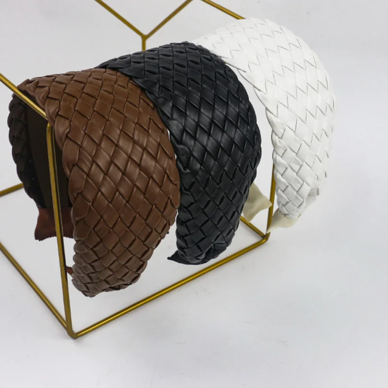 

Vintage PU Leather Woven Headband Super Wide Edge Hair Accessories Women Solid Color Hairband New Hair Accessories and Headwear