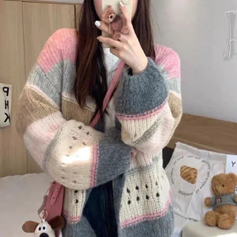 Knit Tops for Woman Cardigan Women's Sweater Striped Kawaii Cute Mesh Winter 2024 Aesthetic Korean Style Harajuku Fashion Modern