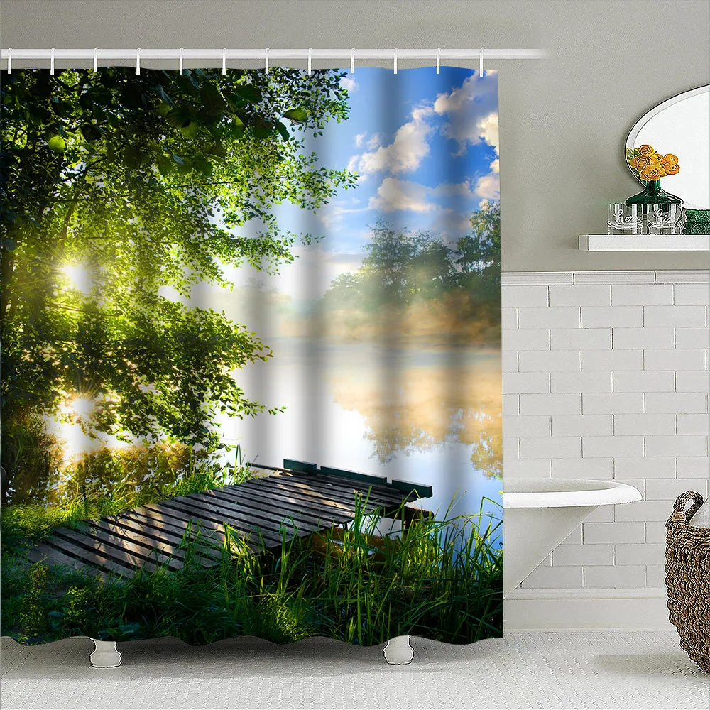 1pc Lake Sunshine Shower Curtain Bathroom Partition Decorative Curtain Machine Washable Green Plant Print Window Privacy Curtain