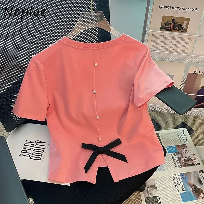 Neploe Shoulder Short Sleeve T-Shirt 2024 Summer Fashionable Age Reducing Slim Bottom Tees Femme Solid Color O-Neck Ins Tops